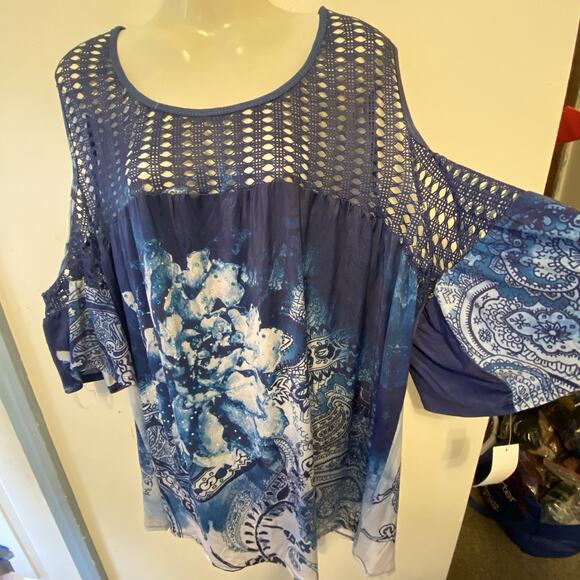 New Simply Emma Women Plus 3X Top Blouse Cold Shoulder Rhinestones Blinks Boho - Picture 1 of 6
